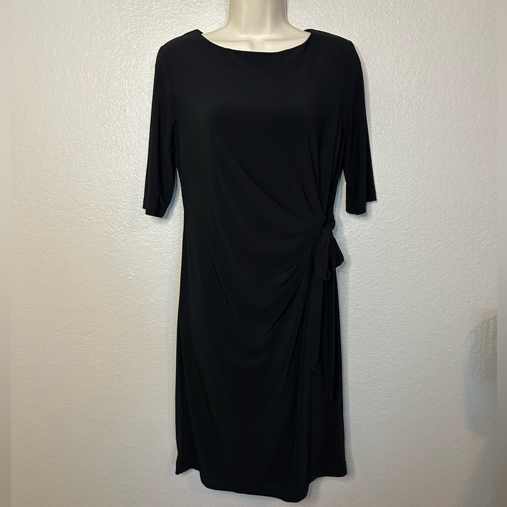 Chic Black Midi Dress with side tie sz S elegant wedding - Picture 4 of 11